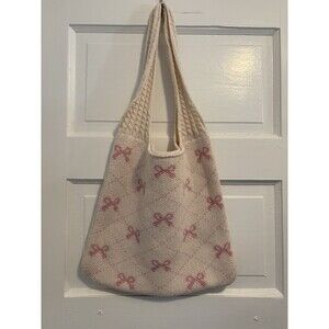 Crochet Tote Bag Bow Pattern Cream and Pink